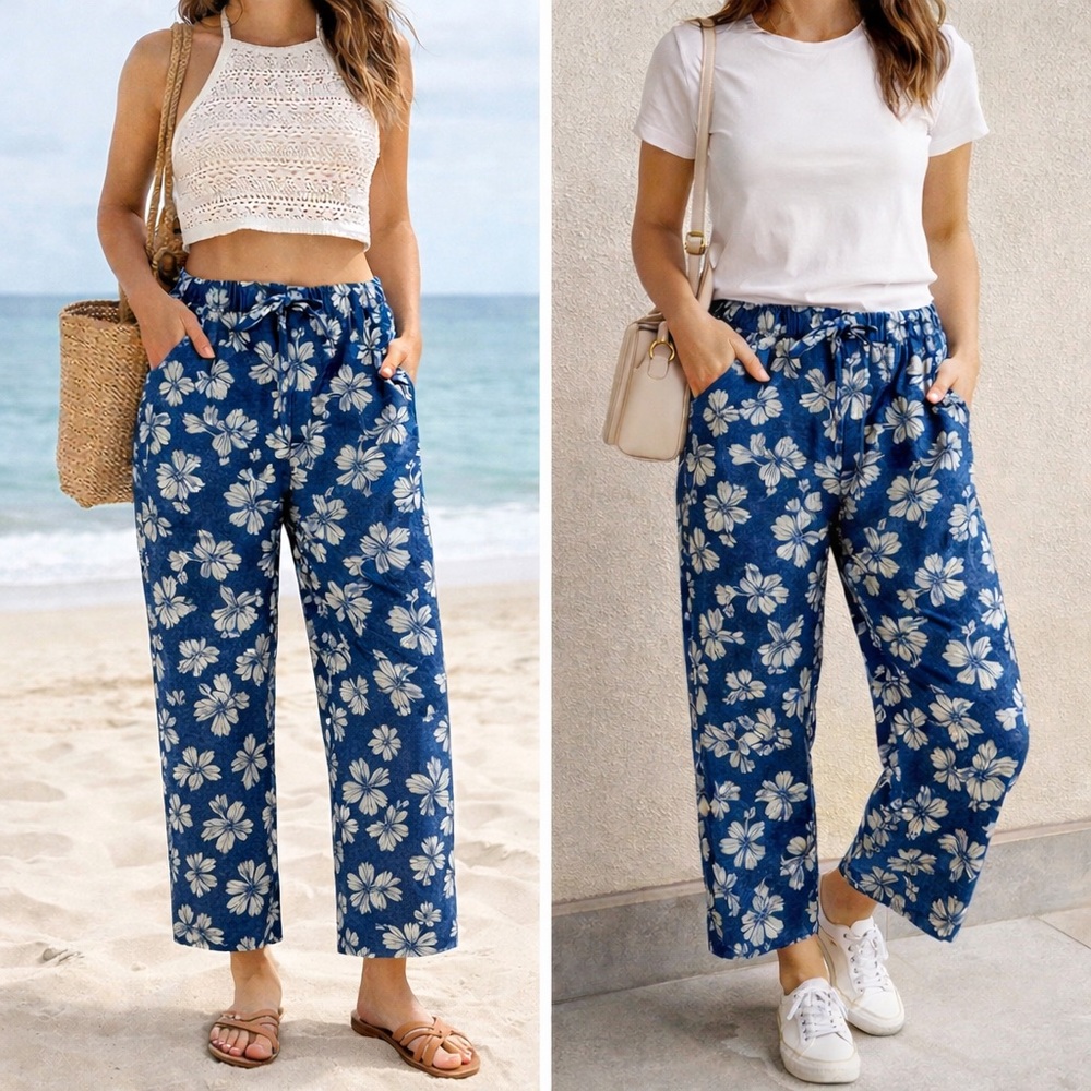 GAP, Navy Blue Hibiscus Floral Ankle Pants, NWOT, Med